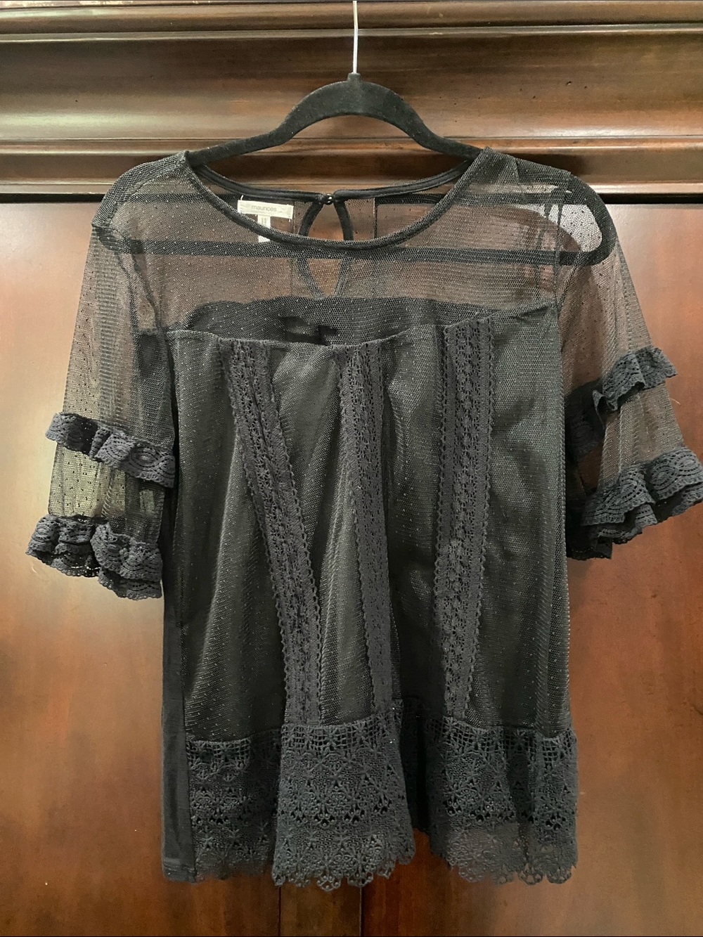 Maurices Black Lace & Mesh Ruffle Sleeve Top